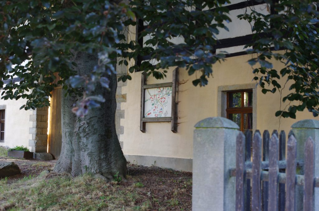 Eingang zum Mattheshof mit der großen Rotbuche